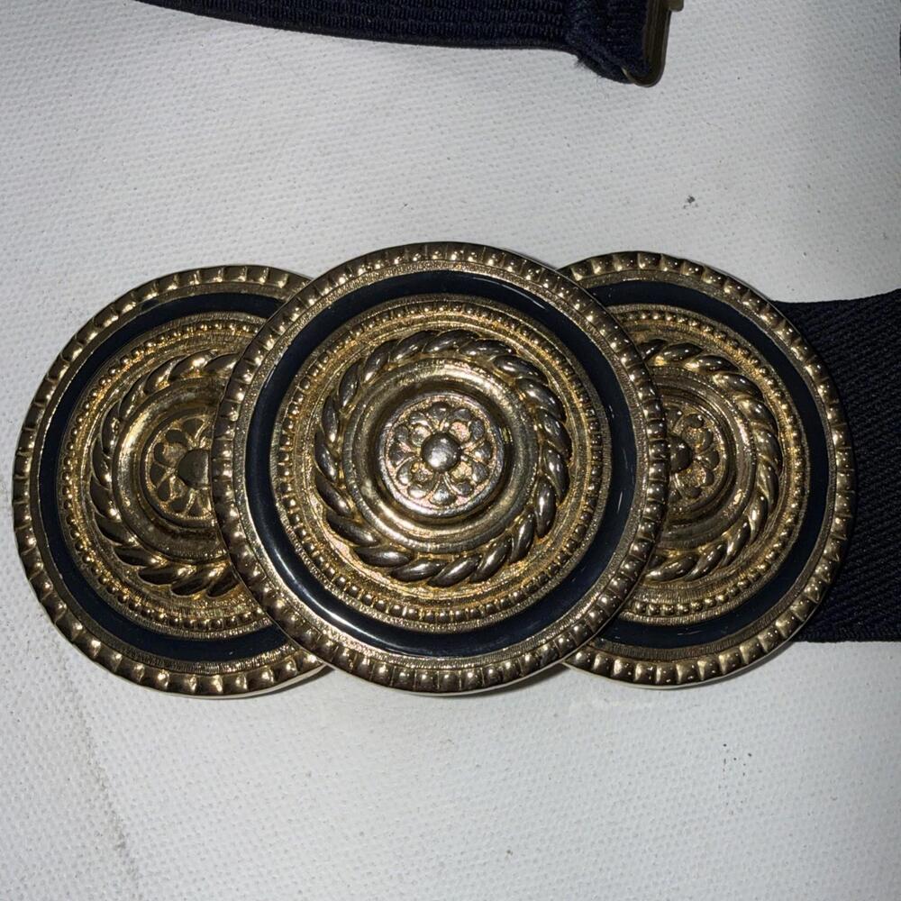 Vintage Nani Lewis XXL Elastic Waistband Blue Large Gold Statement Belt Buckle